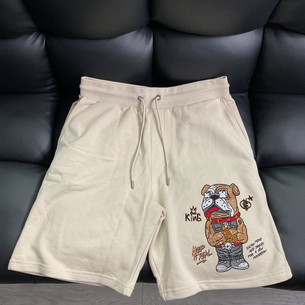 Left Point Bulldog Rhinestone Shorts Beige Keep It Real Mens Size Medium